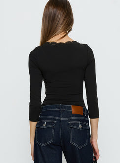 back view of model wearing Princess Polly Lyselle Wrap Detail 3/4 Sleeve Bodysuit Black Quarter Sleeve 