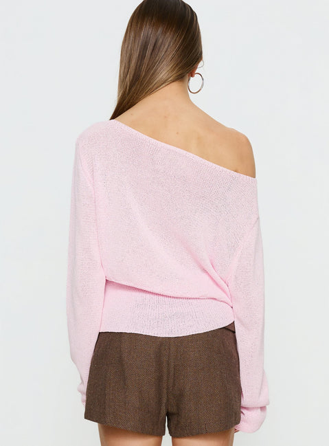 back view of model wearing Princess Polly Xaria Off Shoulder Knit Sweater Pink regular 