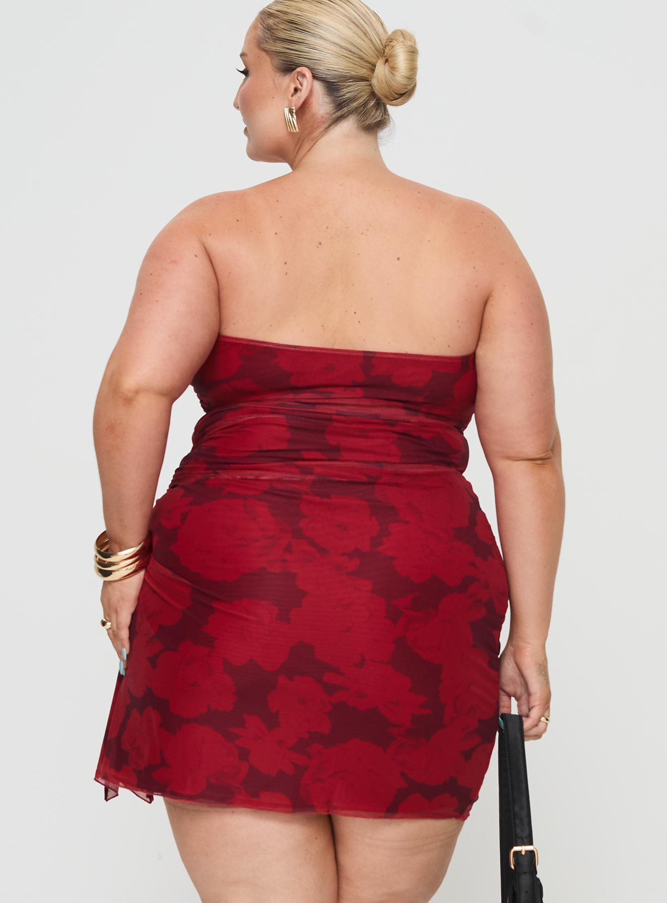 back view of model wearing Princess Polly Donelli Mini Dress Burgundy / Red Floral Curve Straight Neck 