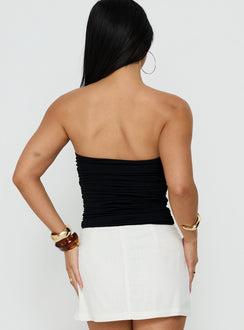 Presenting the See Me Soon Strapless Hardware Detail Bodysuit Black womens bodysuit with sleeveless styling and ruched keyhole back view of model wearing Princess Polly