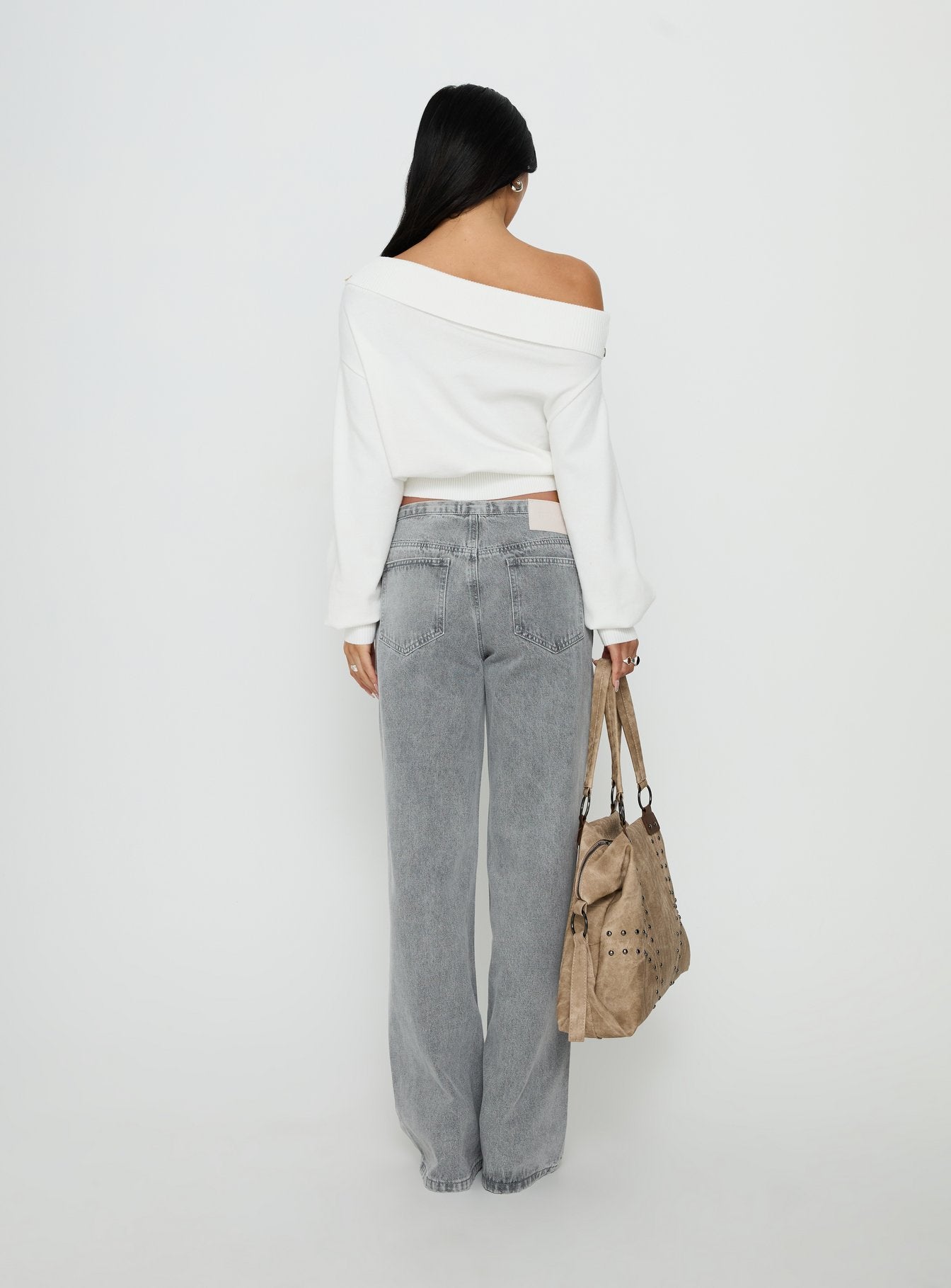 Presenting Pipper Asymmetrical Button Up Jeans Grey Wash in womens-jeans high-rise back view of model wearing Princess Polly