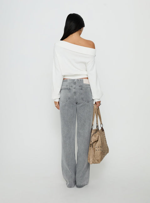 Presenting Pipper Asymmetrical Button Up Jeans Grey Wash in womens-jeans high-rise back view of model wearing Princess Polly