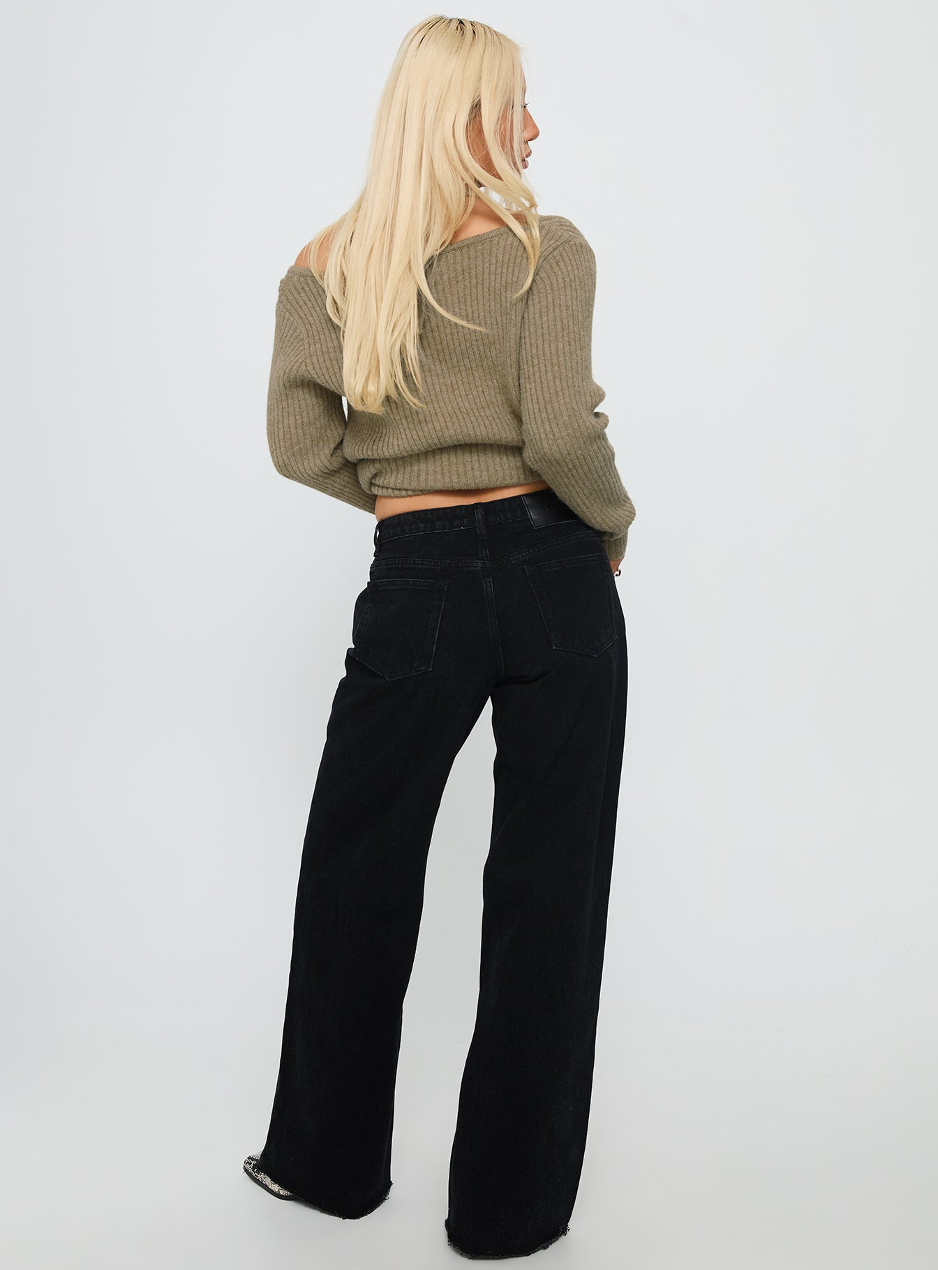 Featuring Darla Low Rise Straight Leg Jeans Washed Black womens-jeans in low-rise waist back view of model wearing Princess Polly