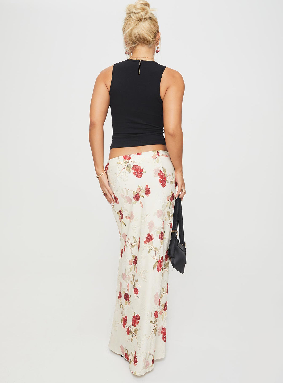 back view of model wearing Princess Polly Jodie Maxi Skirt Cream / Floral Maxi Skirts Skirts 