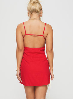 back view of model wearing Princess Polly Wurli Mini Dress Red Square Neck 