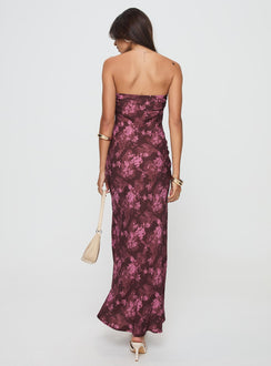 back view of model wearing Princess Polly Abeila Strapless Maxi Dress Burgundy Sweetheart Neckline 