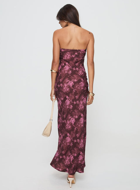 back view of model wearing Princess Polly Abeila Strapless Maxi Dress Burgundy Sweetheart Neckline 