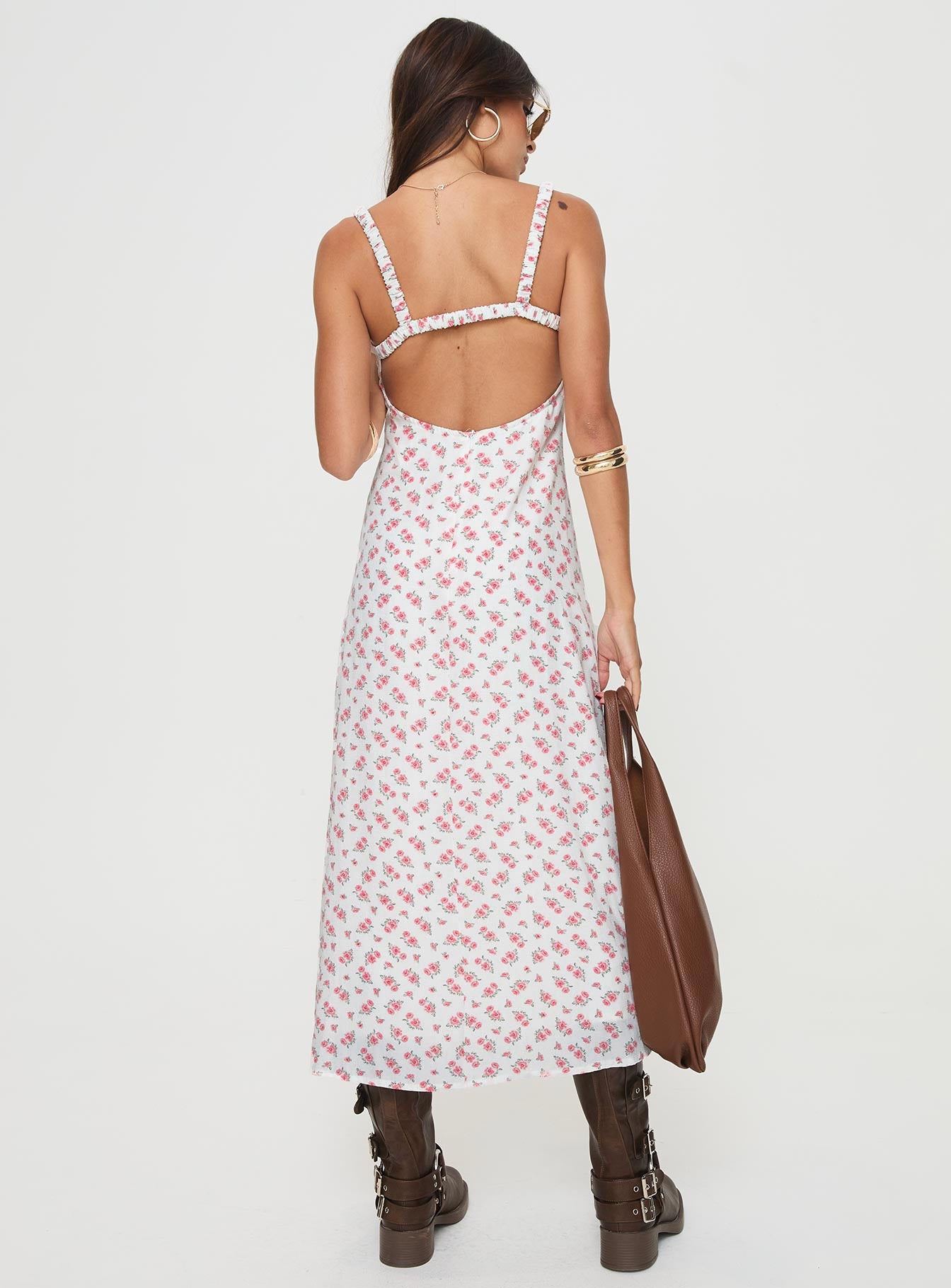 back view of model wearing Princess Polly Georgia Midi Dress White / Pink Floral Plunger 