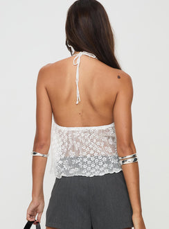 back view of model wearing Princess Polly Chantria Lace Top White Sleeveless V-Neck 