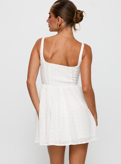 back view of model wearing Princess Polly Cartmel Embroidered Mini Dress White Square Neck 