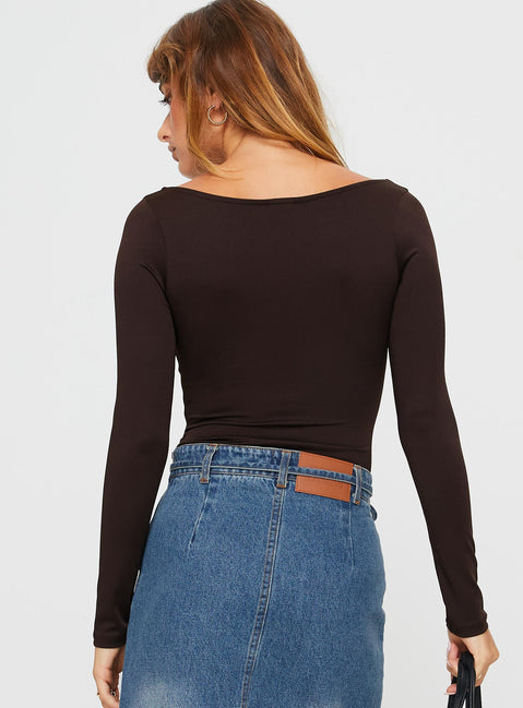 back view of model wearing Princess Polly Ellery Bodysuit Brown Tall Full Sleeves 