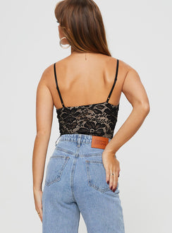 back view of model wearing Princess Polly Intimacy Lace Bodysuit Black Sleeveless Bodysuit 
