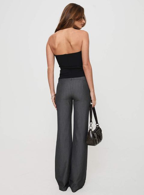 back view of model wearing Princess Polly Kinkirk Flared Pants Grey Pinstripe Low Rise Pants Pants 