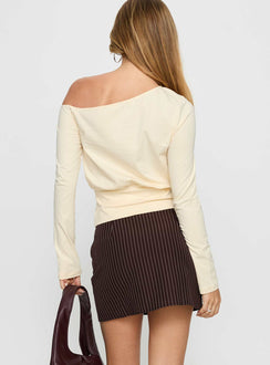 back view of model wearing Princess Polly Yellena Buckle Mini Skirt Brown Pinstripe Mini Skirts Skirts 