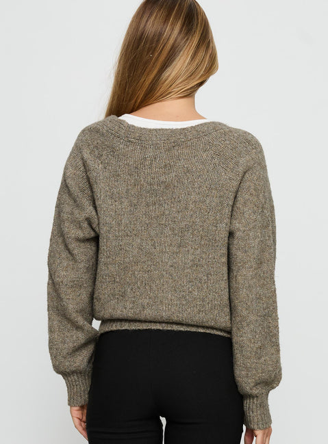Showcasing the Daelan Wrap Knit Cardigan Brown womens-jumpers in short length back view of model wearing Princess Polly