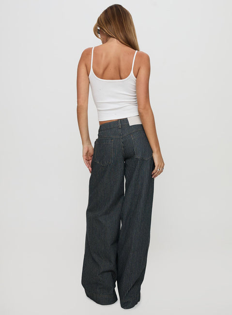 back view of model wearing Princess Polly Actually Invested Low Rise Pants Denim Stripe High Waisted Pants 