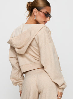 back view of model wearing Princess Polly Revive Zip Through Hoodie Oat Marle cropped Jumpers 