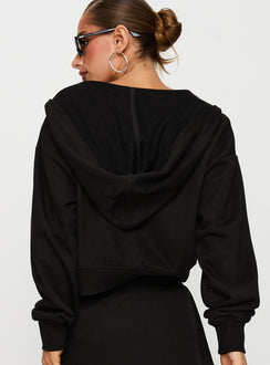 Presenting the Revive Zip Through Hoodie Black in womens-jumpers with short length back view of model wearing Princess Polly
