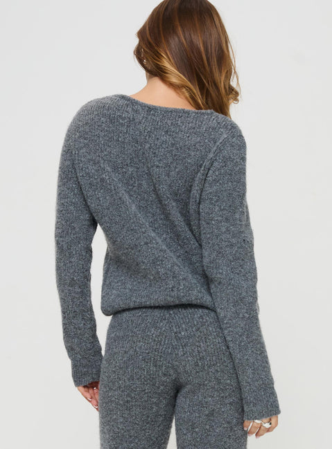 back view of model wearing Princess Polly Abrams Rib Knit Crew Sweater Charcoal Marle regular 