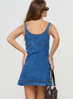 back view of model wearing Princess Polly Rautha Denim Mini Dress Mid Wash Scoop Neck 