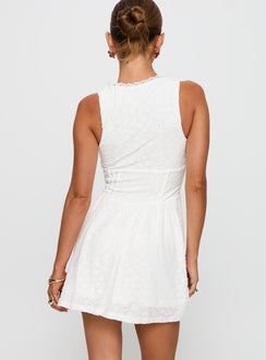 back view of model wearing Princess Polly Loveluck Lace Mini Dress White V-Neck 