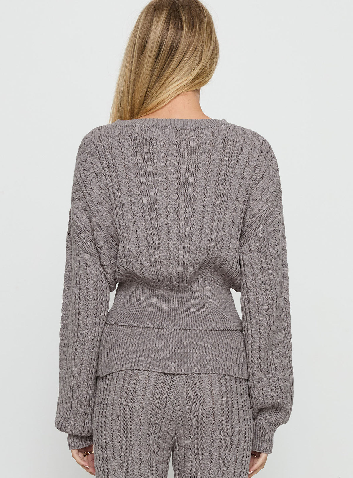 back view of model wearing Princess Polly Baleigh Cable Knit Cardigan Grey Jumpers 