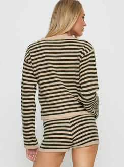 Presenting the Kollens Knit Cardigan Beige Multi womens jumper in short length with striped pattern and oversized fit back view of model wearing Princess Polly
