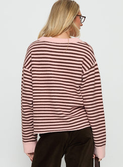 back view of model wearing Princess Polly Darnelle Button Up Knit Cardigan Pink Stripe Longline Jumpers Jumpers 