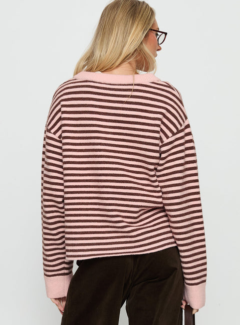 back view of model wearing Princess Polly Darnelle Button Up Knit Cardigan Pink Stripe Longline Jumpers Jumpers 