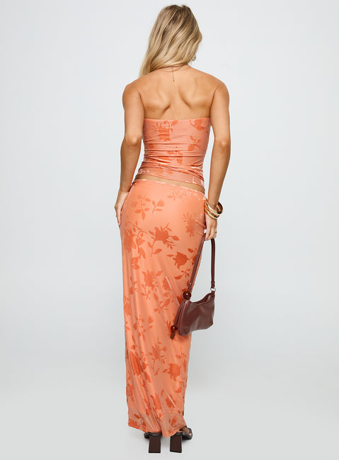 back view of model wearing Princess Polly Mikah Maxi Skirt Orange Maxi Skirts Skirts 
