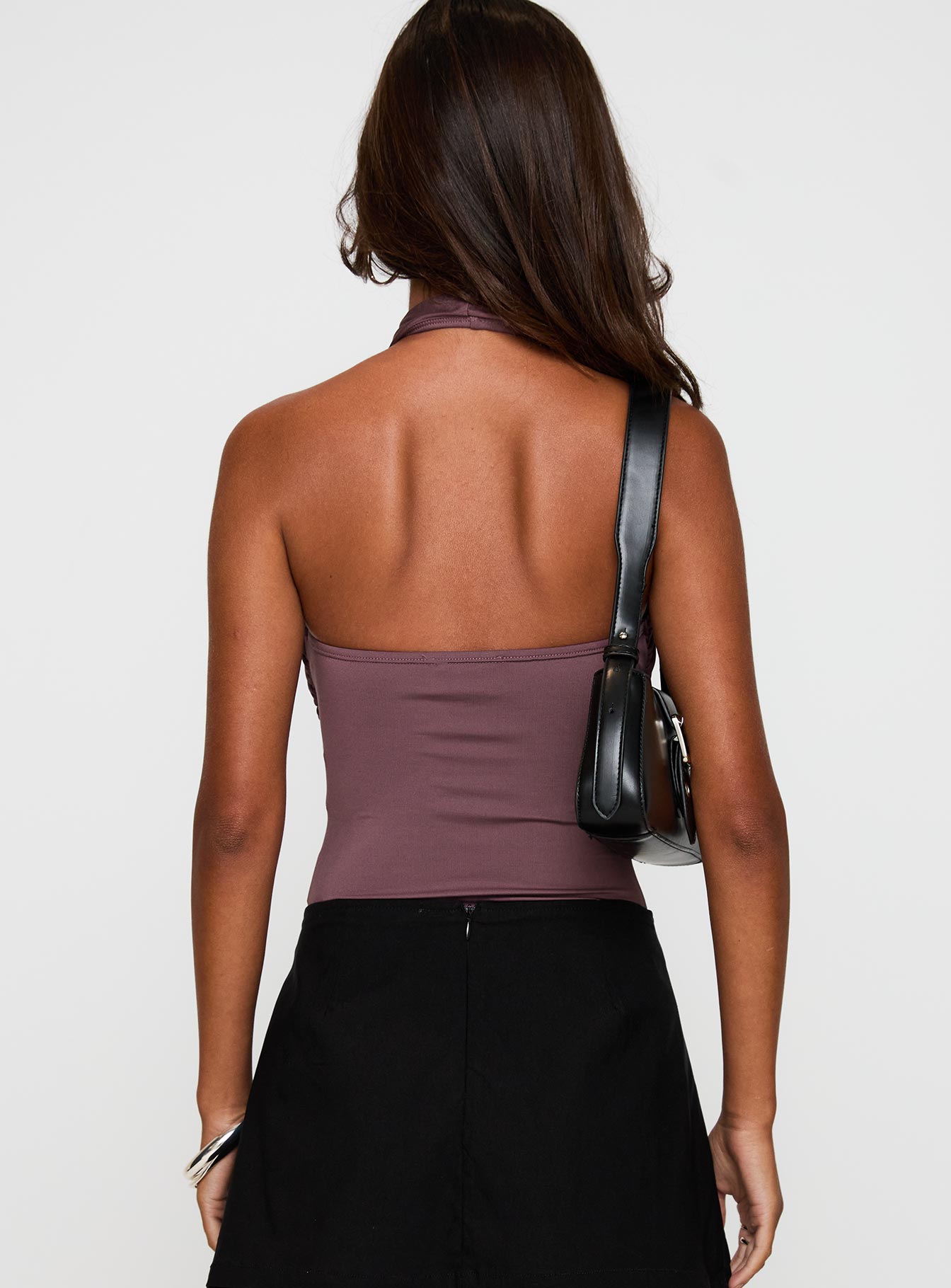 back view of model wearing Princess Polly Shoot A Shot Wrap Detail Bodysuit Plum Sleeveless 