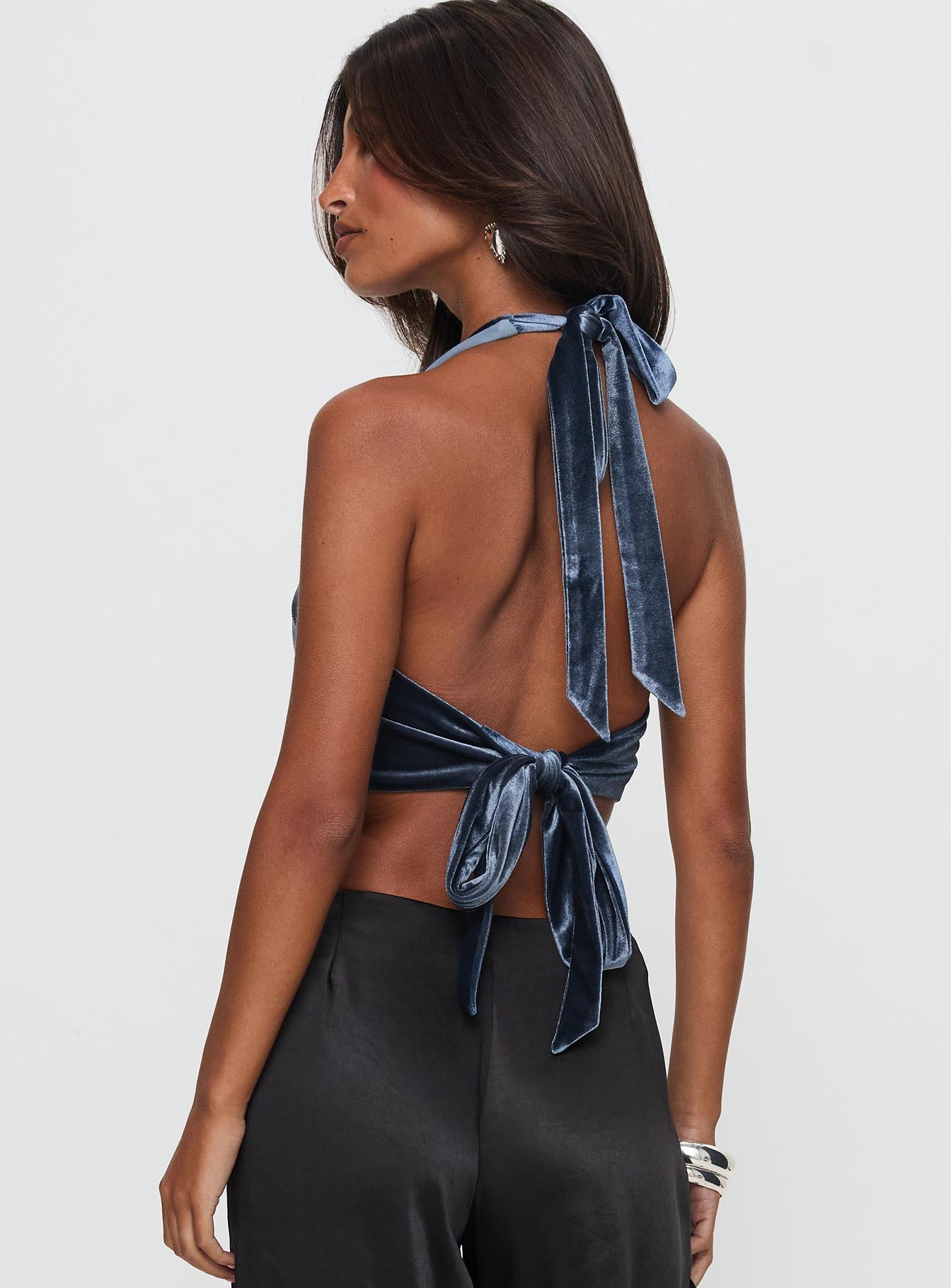 back view of model wearing Princess Polly Seleneah Halter Top Slate Sleeveless Scoop Neck 