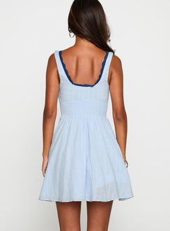back view of model wearing Princess Polly Natilda Mini Dress Blue Square Neck 