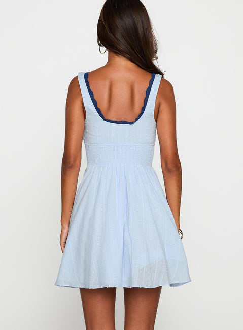 back view of model wearing Princess Polly Natilda Mini Dress Blue Square Neck 