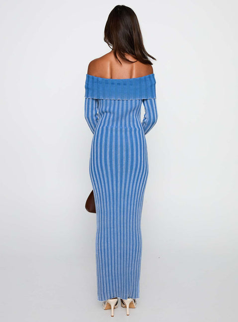 back view of model wearing Princess Polly Mariska Long Sleeve Rib Maxi Dress Blue Straight Neck 