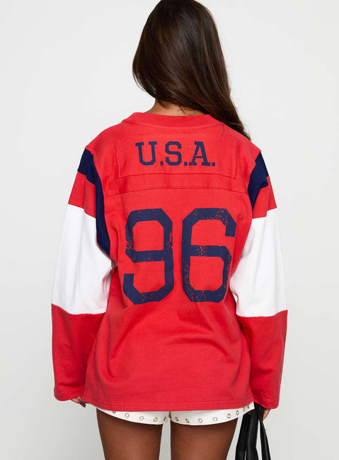 back view of model wearing Princess Polly MLS 96 Retro Long Sleeve Top Red Full Sleeves Crew Neck 