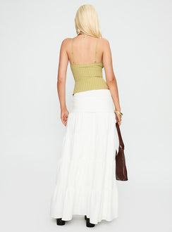 back view of model wearing Princess Polly Snowy River Tiered Maxi Skirt White Maxi Skirts Skirts 