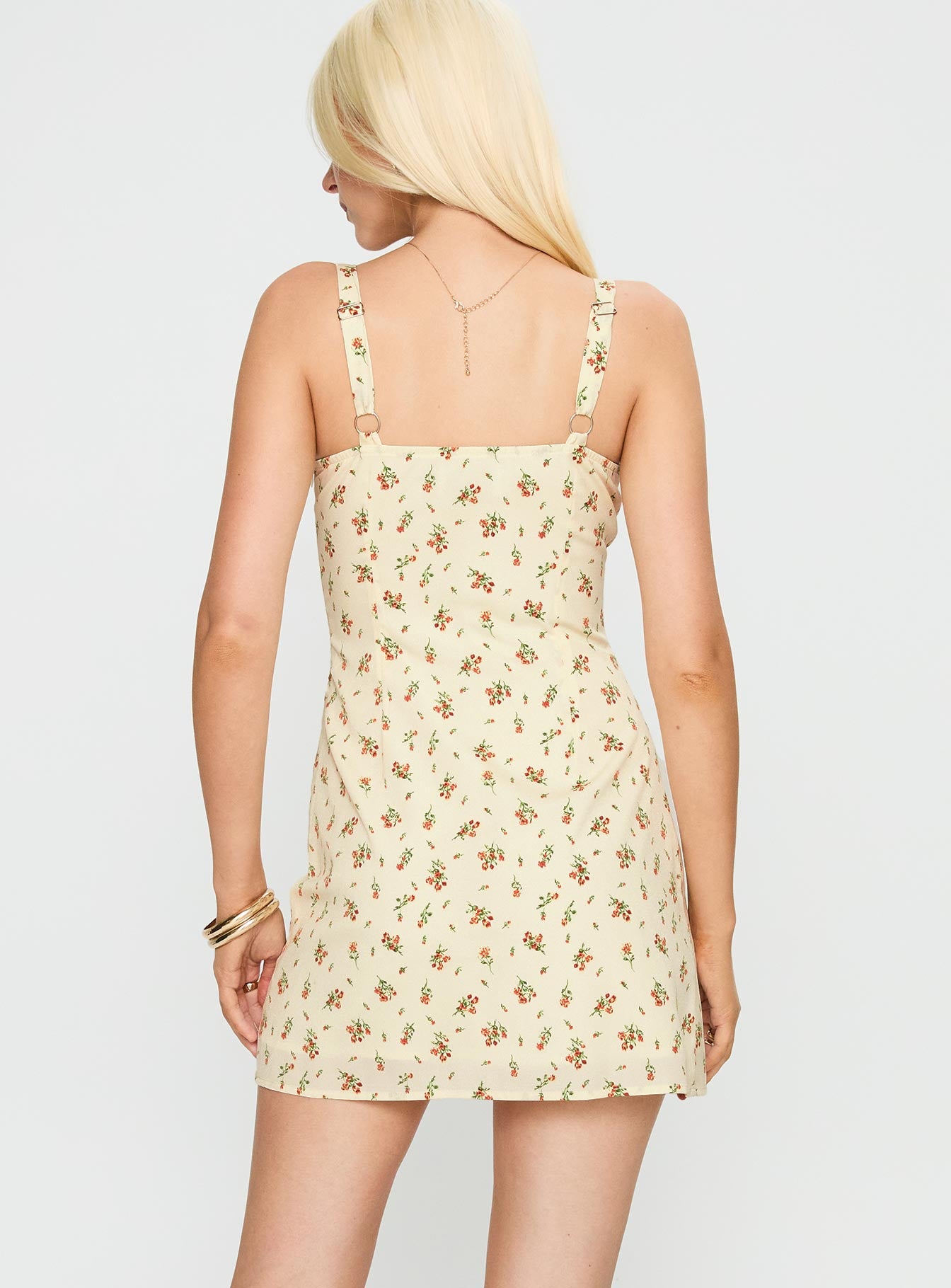 back view of model wearing Princess Polly Rosilea Mini Dress Multi Floral Sweetheart Neckline 