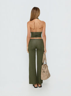 back view of model wearing Princess Polly Esata Tie Detail Pants Green Stripe Mid Rise Pants 