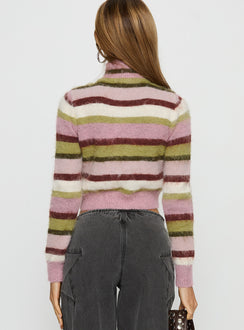 back view of model wearing Princess Polly Keeva Zip Through Knit Jumper Pink / Green Stripe 
