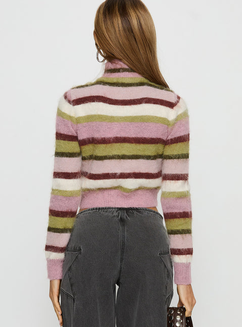back view of model wearing Princess Polly Keeva Zip Through Knit Jumper Pink / Green Stripe 
