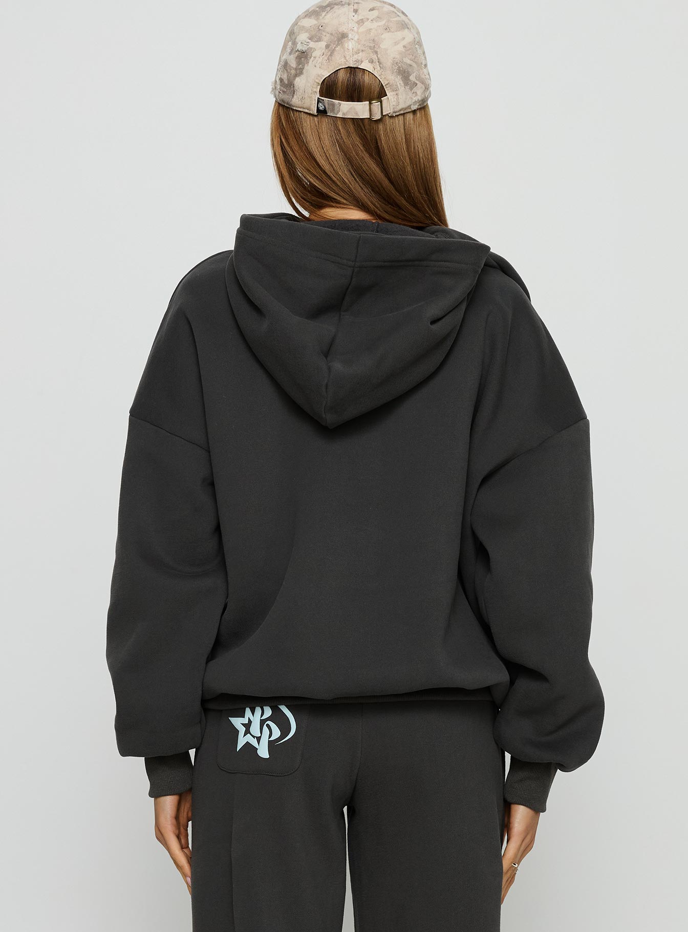 back view of model wearing Princess Polly Princess Polly Stargirl Hoodie Charcoal Longline Jumpers Jumpers 