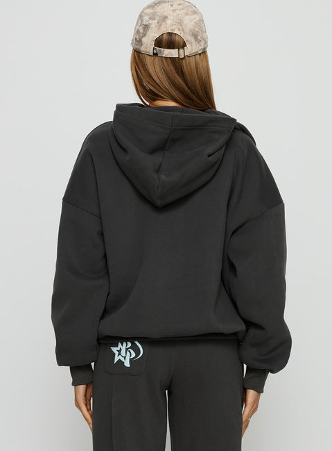 back view of model wearing Princess Polly Princess Polly Stargirl Hoodie Charcoal Longline Jumpers Jumpers 