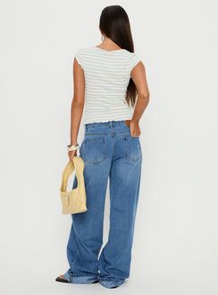 back view of model wearing Princess Polly Jacobie Mid Rise Wide Leg Jeans Mid Blue Wash Mid Rise Jeans 