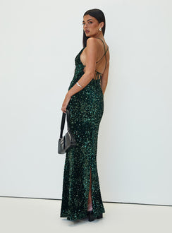 back view of model wearing Princess Polly Charlette Sparkle Maxi Dress Dark Green V-Neck 