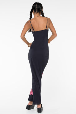 back view of model wearing Princess Polly Katrine Flower Maxi Dress Black Scoop Neck 