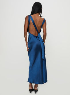 back view of model wearing Princess Polly Emiliana Maxi Dress Blue Scoop Neck 