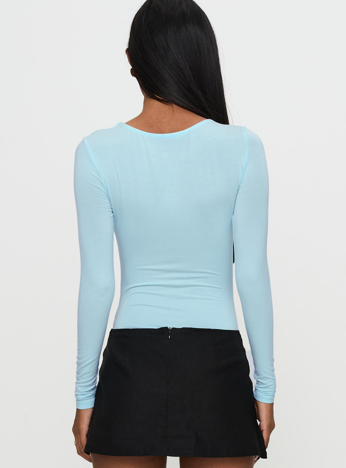 back view of model wearing Princess Polly Glorious Look Twist Detail Bodysuit Blue Full Sleeves 
