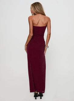 back view of model wearing Princess Polly Jeniva Straplesss Maxi Dress Plum Straight Neck 