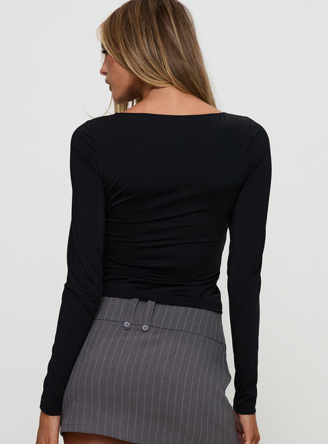 back view of model wearing Princess Polly Crowded Room Button Up Long Sleeve Top Black Full Sleeves Crew Neck 